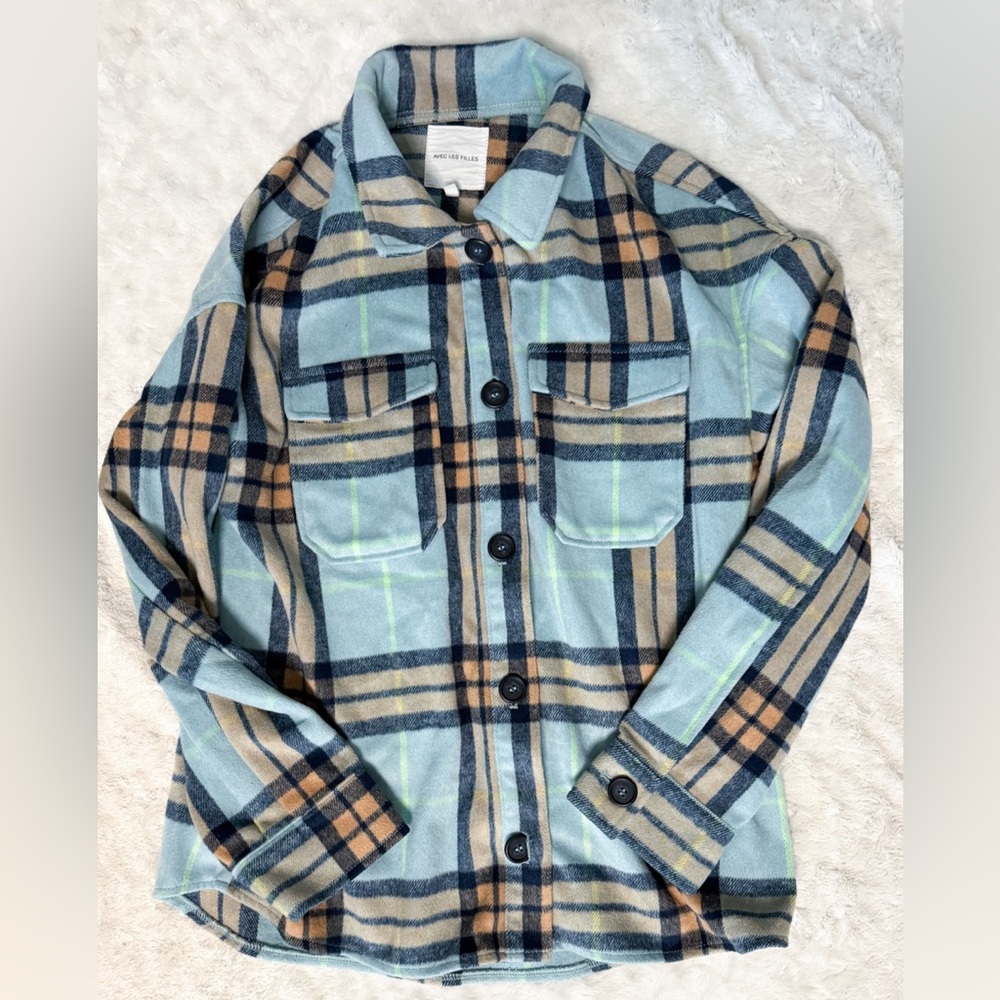 AVEC LES FILLES Blue Plaid Wool Blend Shacket